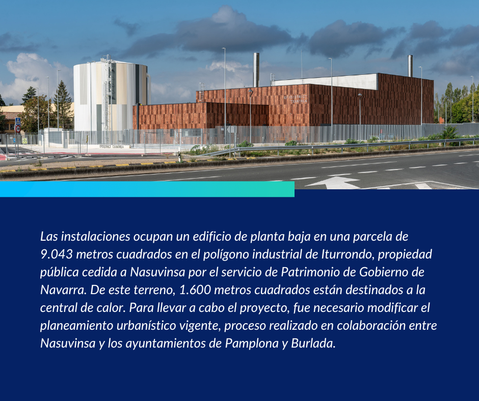 Las instalaciones ocupan un edificio de planta baja en una parcela de 9.043 metros cuadrados en el polígono industrial de Iturrondo, propiedad pública cedida a Nasuvinsa por el servicio de Patrimonio de Gobierno de Navarra. De este terreno, 1.600 metros cuadrados están destinados a la central de calor. Para llevar a cabo el proyecto, fue necesario modificar el planeamiento urbanístico vigente, proceso realizado en colaboración entre Nasuvinsa y los ayuntamientos de Pamplona y Burlada. 